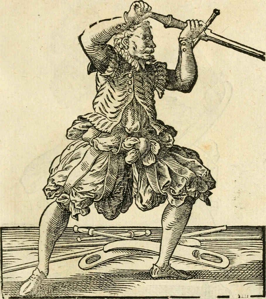 An illustration from Kunstbüchlin : Darinnen neben Fürbildung vieler, geistlicher vnnd weltlicher, hohes vnd niderstands Personen, so dann auch der Türkischen Käyser derselben obersten allerhandt kunstreiche Stück vnnd Figuren : auch die sieben Planeten, zehen alter Rittmeister vnnd Befelchshaber, Reutern vnd Contrafactur der Pferde, allerlen Thurnier, Fechten vnd dann erliche Helm vnd Helmdecken begriffen : Alles auff das zierlicht vnd künstlichst gerissen, 1599, leaf 128
