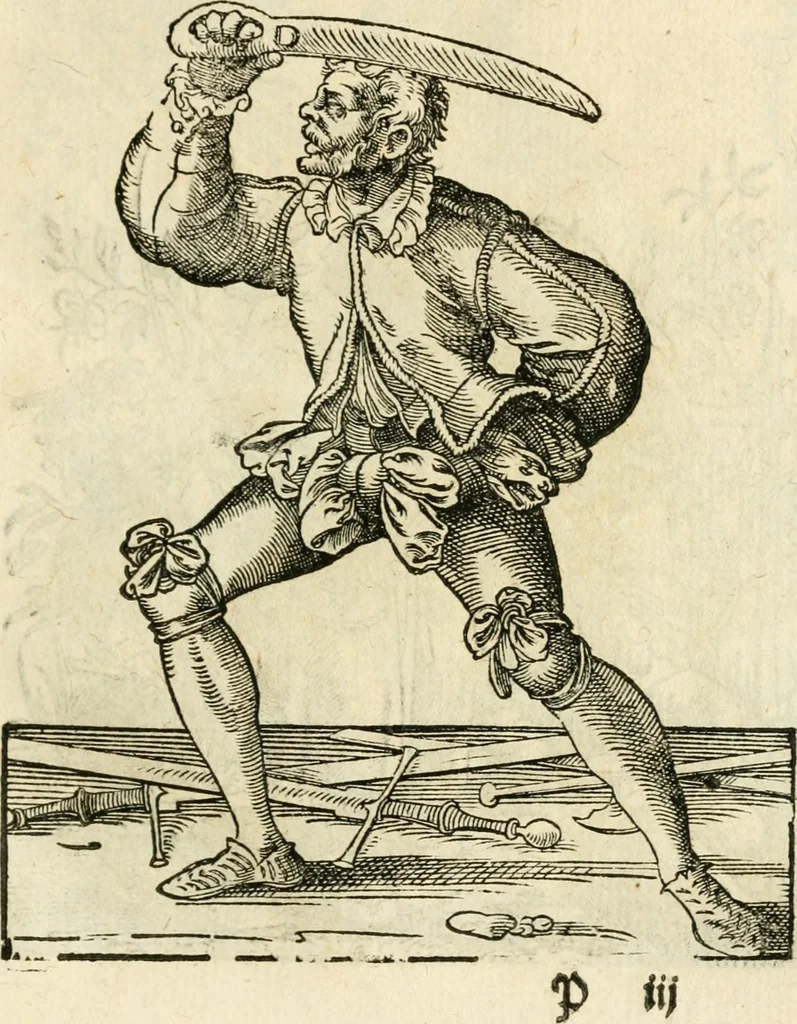 An illustration from Kunstbüchlin : Darinnen neben Fürbildung vieler, geistlicher vnnd weltlicher, hohes vnd niderstands Personen, so dann auch der Türkischen Käyser derselben obersten allerhandt kunstreiche Stück vnnd Figuren : auch die sieben Planeten, zehen alter Rittmeister vnnd Befelchshaber, Reutern vnd Contrafactur der Pferde, allerlen Thurnier, Fechten vnd dann erliche Helm vnd Helmdecken begriffen : Alles auff das zierlicht vnd künstlichst gerissen, 1599, leaf 130