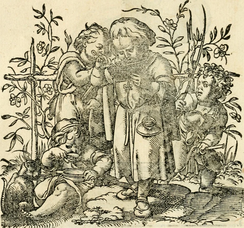 An illustration from Kunstbüchlin : Darinnen neben Fürbildung vieler, geistlicher vnnd weltlicher, hohes vnd niderstands Personen, so dann auch der Türkischen Käyser derselben obersten allerhandt kunstreiche Stück vnnd Figuren : auch die sieben Planeten, zehen alter Rittmeister vnnd Befelchshaber, Reutern vnd Contrafactur der Pferde, allerlen Thurnier, Fechten vnd dann erliche Helm vnd Helmdecken begriffen : Alles auff das zierlicht vnd künstlichst gerissen, 1599, leaf 131