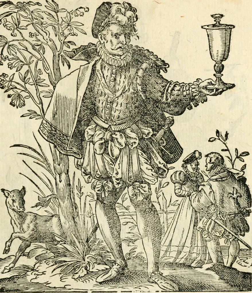 An illustration from Kunstbüchlin : Darinnen neben Fürbildung vieler, geistlicher vnnd weltlicher, hohes vnd niderstands Personen, so dann auch der Türkischen Käyser derselben obersten allerhandt kunstreiche Stück vnnd Figuren : auch die sieben Planeten, zehen alter Rittmeister vnnd Befelchshaber, Reutern vnd Contrafactur der Pferde, allerlen Thurnier, Fechten vnd dann erliche Helm vnd Helmdecken begriffen : Alles auff das zierlicht vnd künstlichst gerissen, 1599, leaf 132