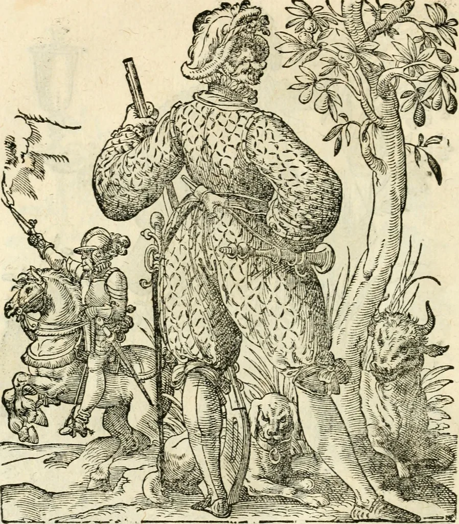 An illustration from Kunstbüchlin : Darinnen neben Fürbildung vieler, geistlicher vnnd weltlicher, hohes vnd niderstands Personen, so dann auch der Türkischen Käyser derselben obersten allerhandt kunstreiche Stück vnnd Figuren : auch die sieben Planeten, zehen alter Rittmeister vnnd Befelchshaber, Reutern vnd Contrafactur der Pferde, allerlen Thurnier, Fechten vnd dann erliche Helm vnd Helmdecken begriffen : Alles auff das zierlicht vnd künstlichst gerissen, 1599, leaf 133