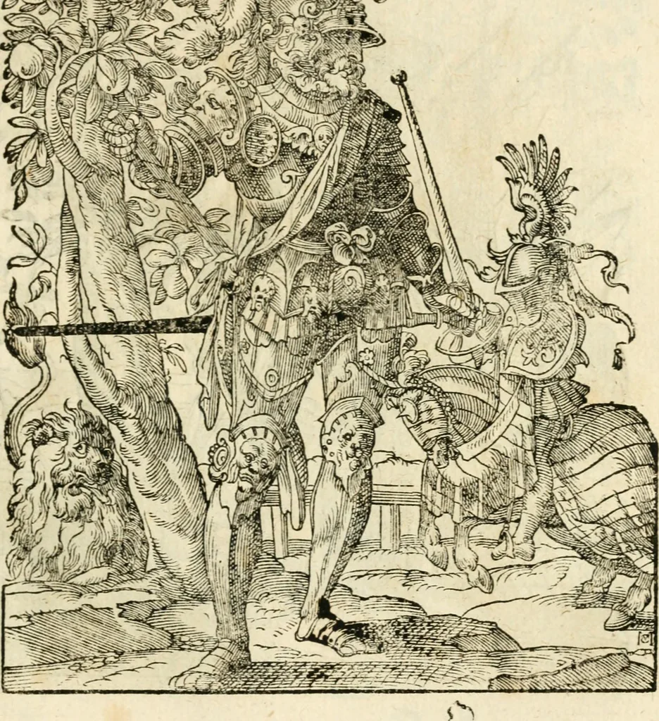 An illustration from Kunstbüchlin : Darinnen neben Fürbildung vieler, geistlicher vnnd weltlicher, hohes vnd niderstands Personen, so dann auch der Türkischen Käyser derselben obersten allerhandt kunstreiche Stück vnnd Figuren : auch die sieben Planeten, zehen alter Rittmeister vnnd Befelchshaber, Reutern vnd Contrafactur der Pferde, allerlen Thurnier, Fechten vnd dann erliche Helm vnd Helmdecken begriffen : Alles auff das zierlicht vnd künstlichst gerissen, 1599, leaf 134