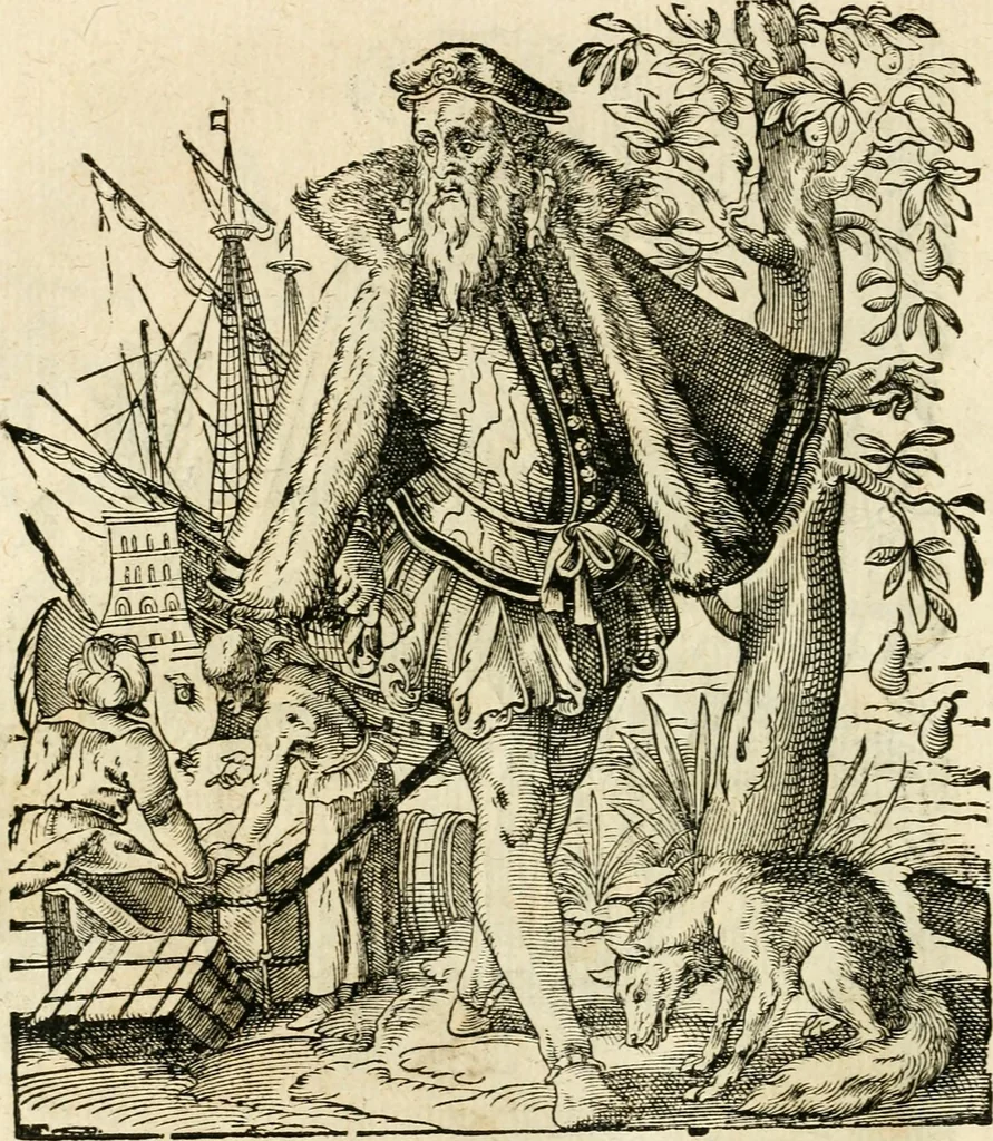 An illustration from Kunstbüchlin : Darinnen neben Fürbildung vieler, geistlicher vnnd weltlicher, hohes vnd niderstands Personen, so dann auch der Türkischen Käyser derselben obersten allerhandt kunstreiche Stück vnnd Figuren : auch die sieben Planeten, zehen alter Rittmeister vnnd Befelchshaber, Reutern vnd Contrafactur der Pferde, allerlen Thurnier, Fechten vnd dann erliche Helm vnd Helmdecken begriffen : Alles auff das zierlicht vnd künstlichst gerissen, 1599, leaf 135