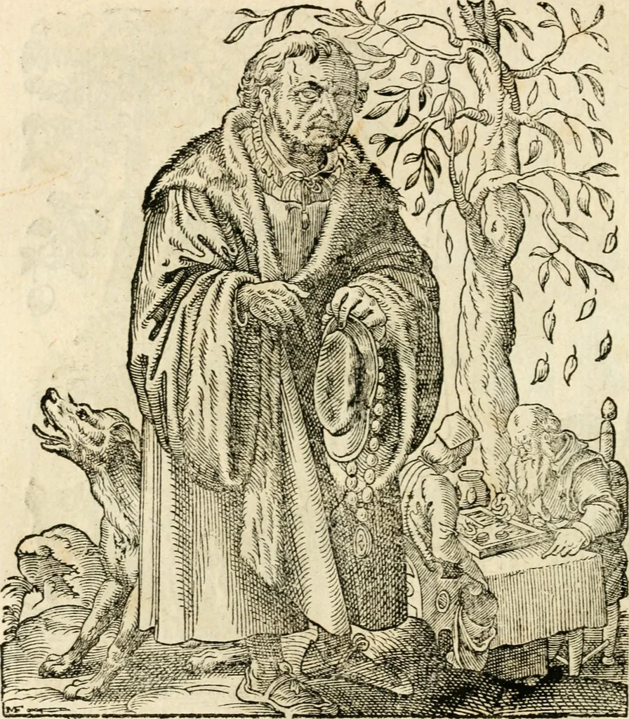 An illustration from Kunstbüchlin : Darinnen neben Fürbildung vieler, geistlicher vnnd weltlicher, hohes vnd niderstands Personen, so dann auch der Türkischen Käyser derselben obersten allerhandt kunstreiche Stück vnnd Figuren : auch die sieben Planeten, zehen alter Rittmeister vnnd Befelchshaber, Reutern vnd Contrafactur der Pferde, allerlen Thurnier, Fechten vnd dann erliche Helm vnd Helmdecken begriffen : Alles auff das zierlicht vnd künstlichst gerissen, 1599, leaf 137