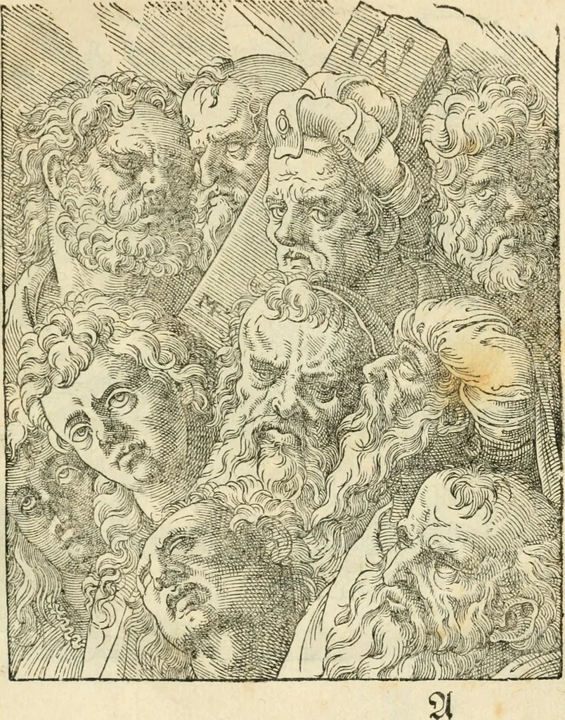 An illustration from Kunstbüchlin : Darinnen neben Fürbildung vieler, geistlicher vnnd weltlicher, hohes vnd niderstands Personen, so dann auch der Türkischen Käyser derselben obersten allerhandt kunstreiche Stück vnnd Figuren : auch die sieben Planeten, zehen alter Rittmeister vnnd Befelchshaber, Reutern vnd Contrafactur der Pferde, allerlen Thurnier, Fechten vnd dann erliche Helm vnd Helmdecken begriffen : Alles auff das zierlicht vnd künstlichst gerissen, 1599, leaf 14