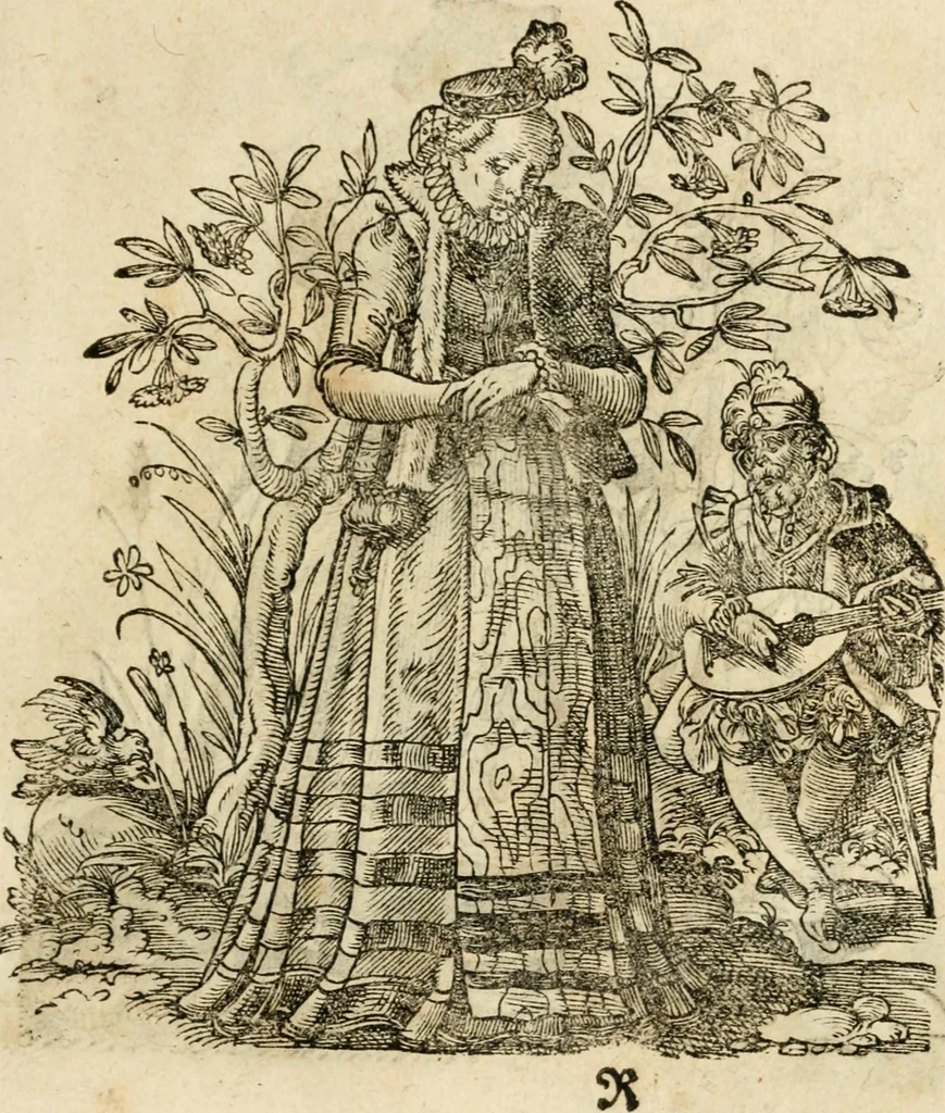 An illustration from Kunstbüchlin : Darinnen neben Fürbildung vieler, geistlicher vnnd weltlicher, hohes vnd niderstands Personen, so dann auch der Türkischen Käyser derselben obersten allerhandt kunstreiche Stück vnnd Figuren : auch die sieben Planeten, zehen alter Rittmeister vnnd Befelchshaber, Reutern vnd Contrafactur der Pferde, allerlen Thurnier, Fechten vnd dann erliche Helm vnd Helmdecken begriffen : Alles auff das zierlicht vnd künstlichst gerissen, 1599, leaf 142