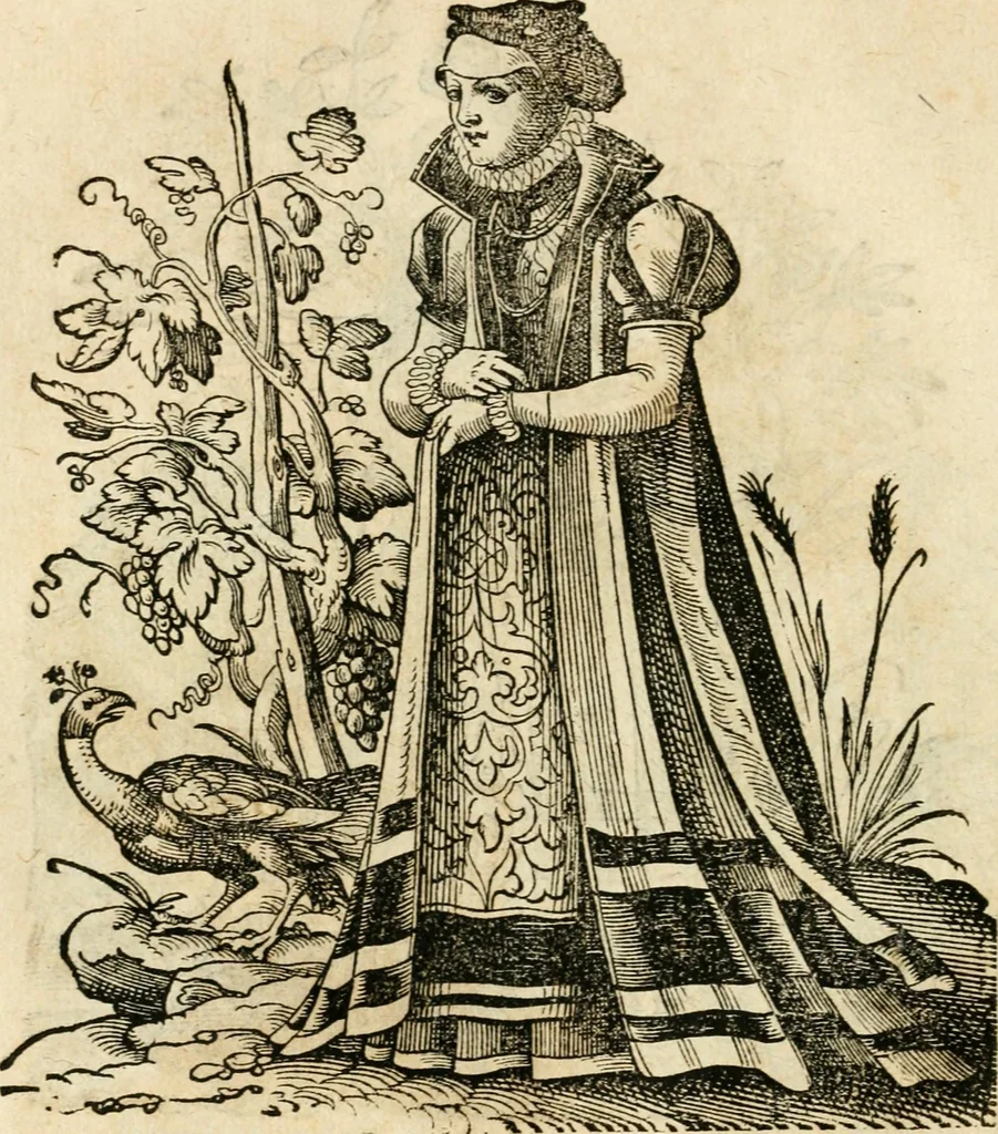 An illustration from Kunstbüchlin : Darinnen neben Fürbildung vieler, geistlicher vnnd weltlicher, hohes vnd niderstands Personen, so dann auch der Türkischen Käyser derselben obersten allerhandt kunstreiche Stück vnnd Figuren : auch die sieben Planeten, zehen alter Rittmeister vnnd Befelchshaber, Reutern vnd Contrafactur der Pferde, allerlen Thurnier, Fechten vnd dann erliche Helm vnd Helmdecken begriffen : Alles auff das zierlicht vnd künstlichst gerissen, 1599, leaf 143