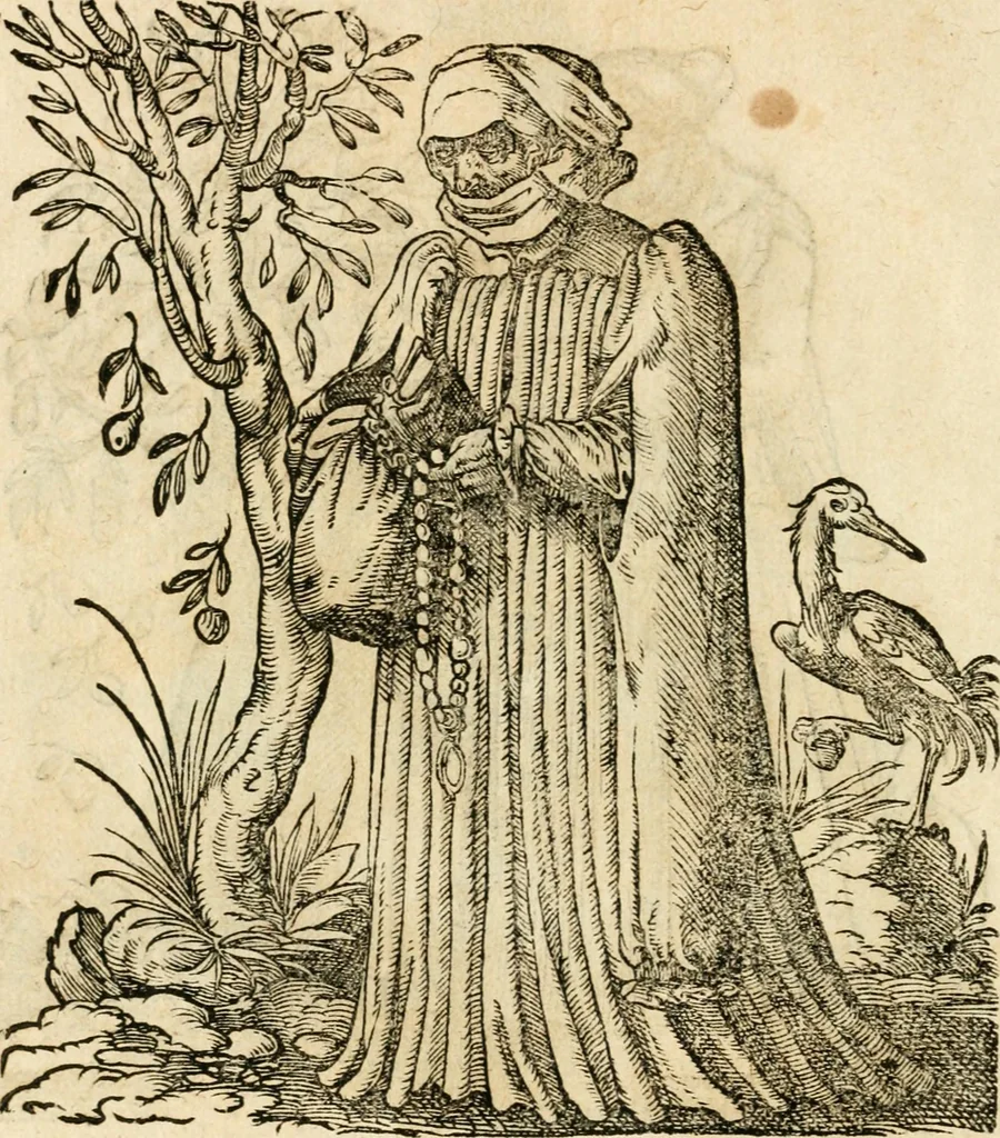 An illustration from Kunstbüchlin : Darinnen neben Fürbildung vieler, geistlicher vnnd weltlicher, hohes vnd niderstands Personen, so dann auch der Türkischen Käyser derselben obersten allerhandt kunstreiche Stück vnnd Figuren : auch die sieben Planeten, zehen alter Rittmeister vnnd Befelchshaber, Reutern vnd Contrafactur der Pferde, allerlen Thurnier, Fechten vnd dann erliche Helm vnd Helmdecken begriffen : Alles auff das zierlicht vnd künstlichst gerissen, 1599, leaf 145