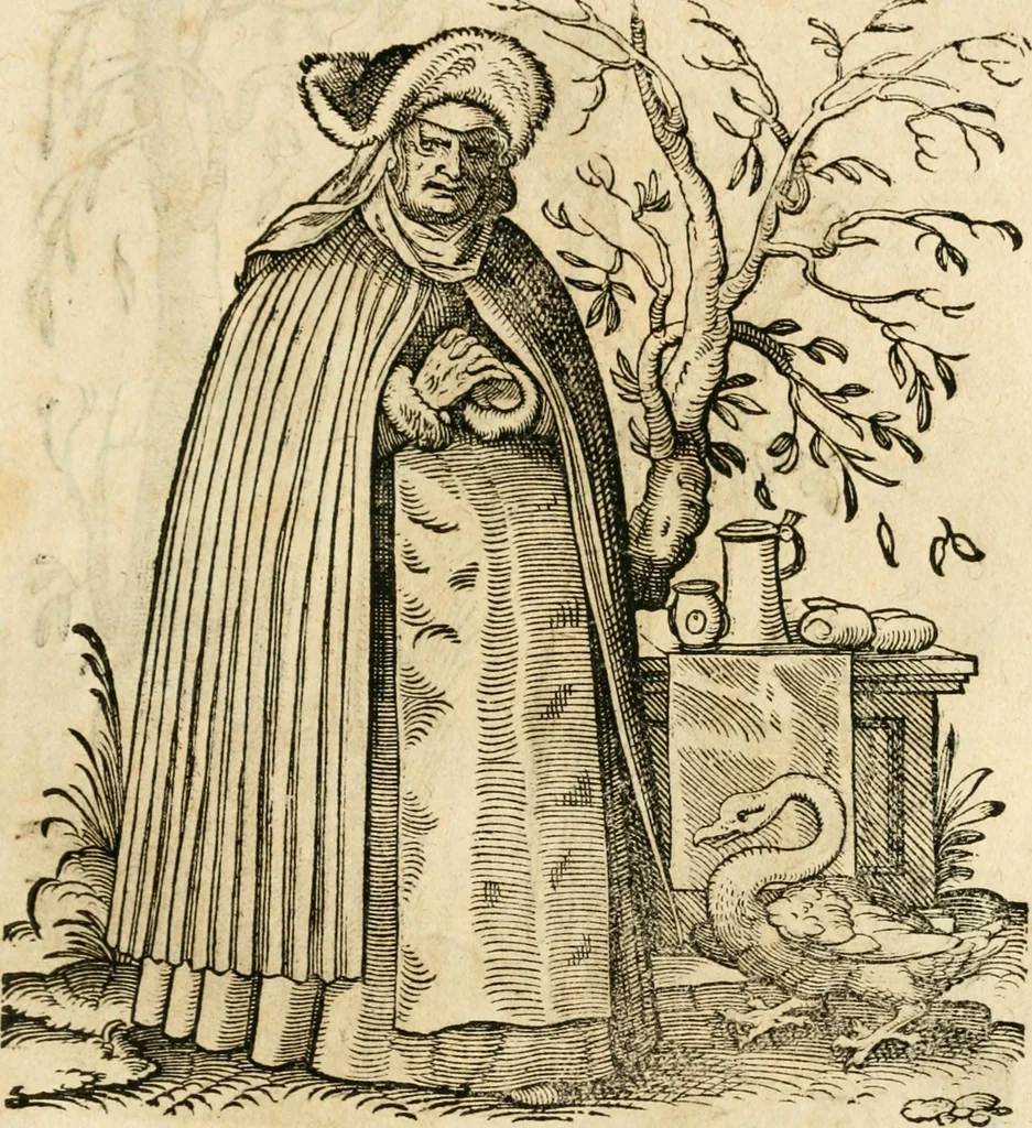An illustration from Kunstbüchlin : Darinnen neben Fürbildung vieler, geistlicher vnnd weltlicher, hohes vnd niderstands Personen, so dann auch der Türkischen Käyser derselben obersten allerhandt kunstreiche Stück vnnd Figuren : auch die sieben Planeten, zehen alter Rittmeister vnnd Befelchshaber, Reutern vnd Contrafactur der Pferde, allerlen Thurnier, Fechten vnd dann erliche Helm vnd Helmdecken begriffen : Alles auff das zierlicht vnd künstlichst gerissen, 1599, leaf 146