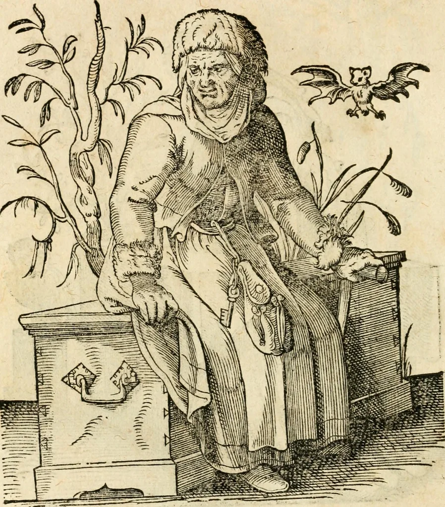 An illustration from Kunstbüchlin : Darinnen neben Fürbildung vieler, geistlicher vnnd weltlicher, hohes vnd niderstands Personen, so dann auch der Türkischen Käyser derselben obersten allerhandt kunstreiche Stück vnnd Figuren : auch die sieben Planeten, zehen alter Rittmeister vnnd Befelchshaber, Reutern vnd Contrafactur der Pferde, allerlen Thurnier, Fechten vnd dann erliche Helm vnd Helmdecken begriffen : Alles auff das zierlicht vnd künstlichst gerissen, 1599, leaf 149