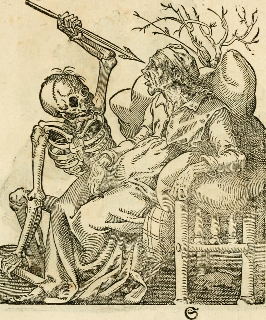 An illustration from Kunstbüchlin : Darinnen neben Fürbildung vieler, geistlicher vnnd weltlicher, hohes vnd niderstands Personen, so dann auch der Türkischen Käyser derselben obersten allerhandt kunstreiche Stück vnnd Figuren : auch die sieben Planeten, zehen alter Rittmeister vnnd Befelchshaber, Reutern vnd Contrafactur der Pferde, allerlen Thurnier, Fechten vnd dann erliche Helm vnd Helmdecken begriffen : Alles auff das zierlicht vnd künstlichst gerissen, 1599, leaf 150