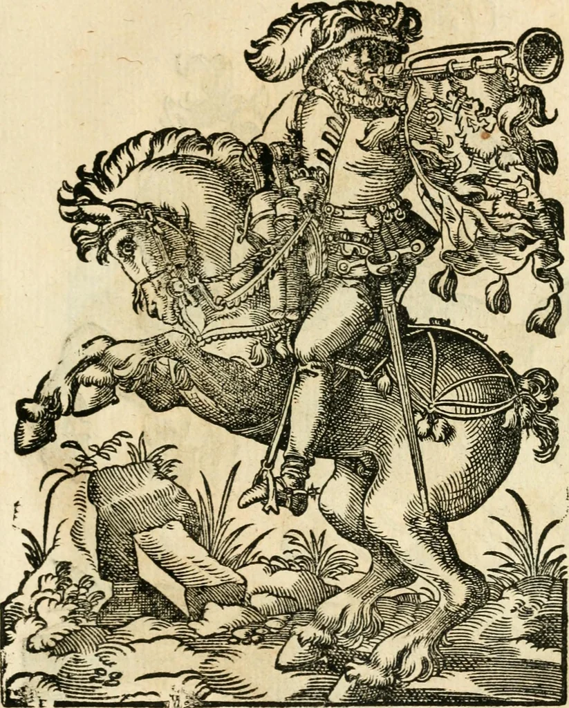 An illustration from Kunstbüchlin : Darinnen neben Fürbildung vieler, geistlicher vnnd weltlicher, hohes vnd niderstands Personen, so dann auch der Türkischen Käyser derselben obersten allerhandt kunstreiche Stück vnnd Figuren : auch die sieben Planeten, zehen alter Rittmeister vnnd Befelchshaber, Reutern vnd Contrafactur der Pferde, allerlen Thurnier, Fechten vnd dann erliche Helm vnd Helmdecken begriffen : Alles auff das zierlicht vnd künstlichst gerissen, 1599, leaf 152