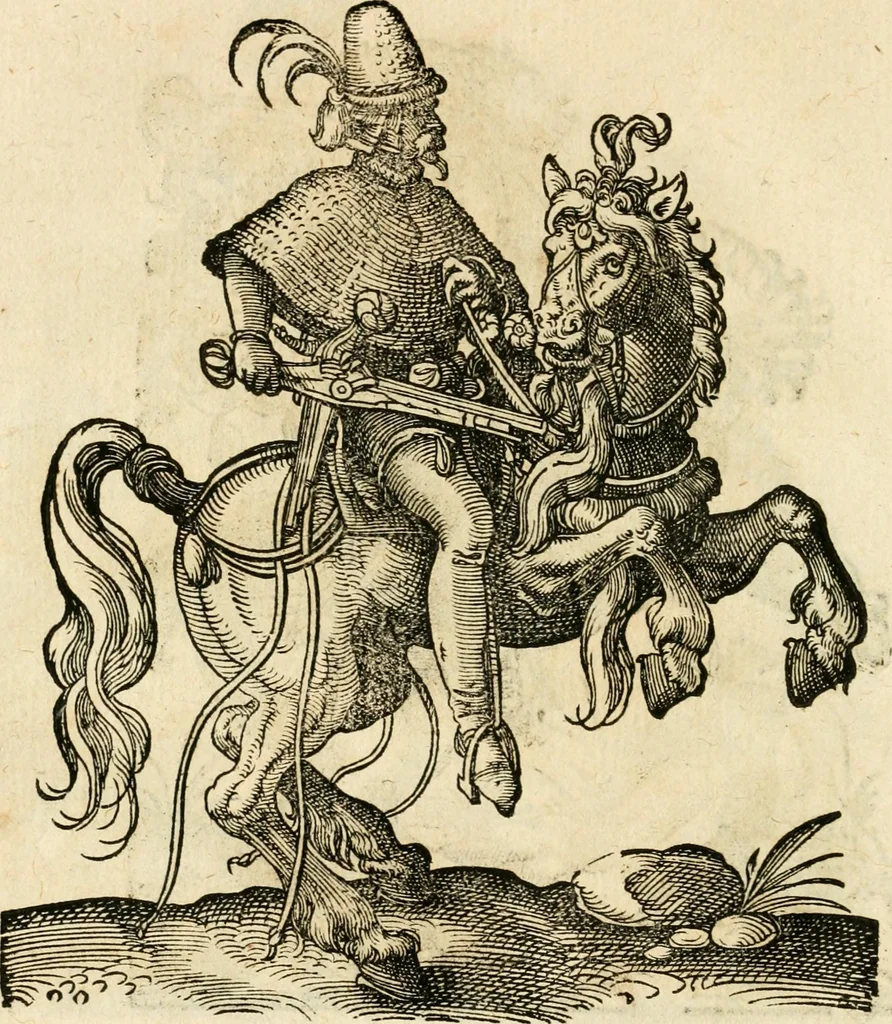 An illustration from Kunstbüchlin : Darinnen neben Fürbildung vieler, geistlicher vnnd weltlicher, hohes vnd niderstands Personen, so dann auch der Türkischen Käyser derselben obersten allerhandt kunstreiche Stück vnnd Figuren : auch die sieben Planeten, zehen alter Rittmeister vnnd Befelchshaber, Reutern vnd Contrafactur der Pferde, allerlen Thurnier, Fechten vnd dann erliche Helm vnd Helmdecken begriffen : Alles auff das zierlicht vnd künstlichst gerissen, 1599, leaf 153