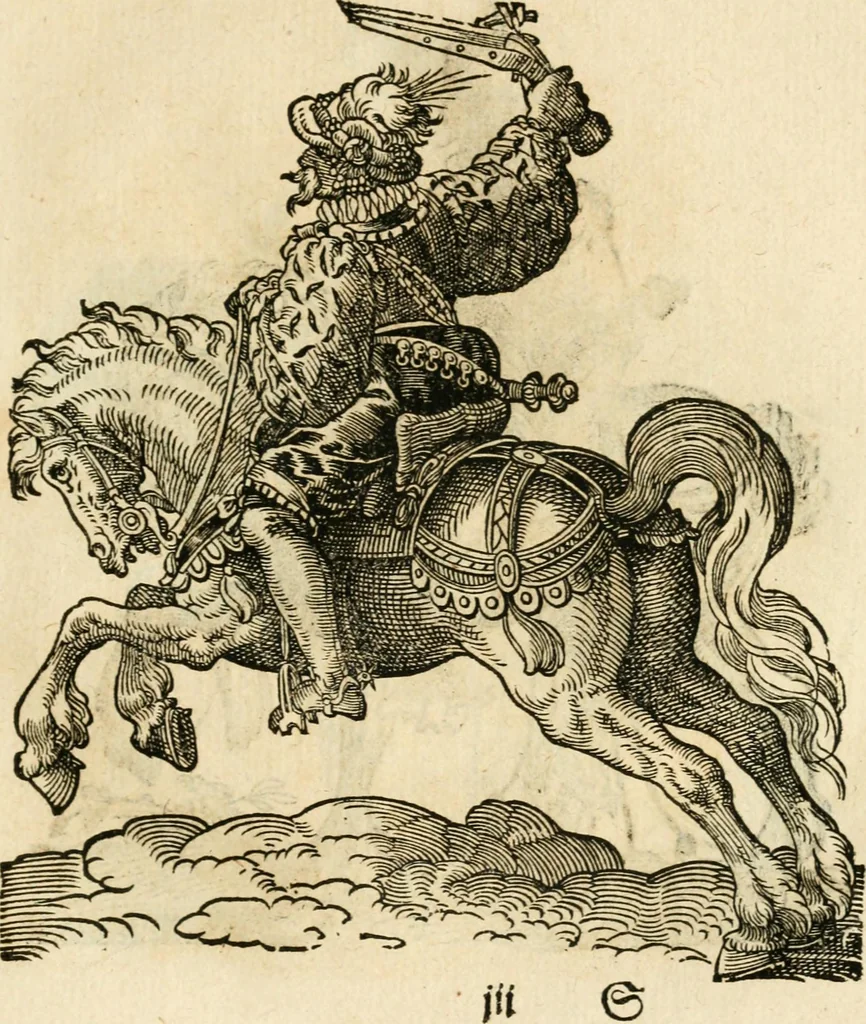 An illustration from Kunstbüchlin : Darinnen neben Fürbildung vieler, geistlicher vnnd weltlicher, hohes vnd niderstands Personen, so dann auch der Türkischen Käyser derselben obersten allerhandt kunstreiche Stück vnnd Figuren : auch die sieben Planeten, zehen alter Rittmeister vnnd Befelchshaber, Reutern vnd Contrafactur der Pferde, allerlen Thurnier, Fechten vnd dann erliche Helm vnd Helmdecken begriffen : Alles auff das zierlicht vnd künstlichst gerissen, 1599, leaf 154