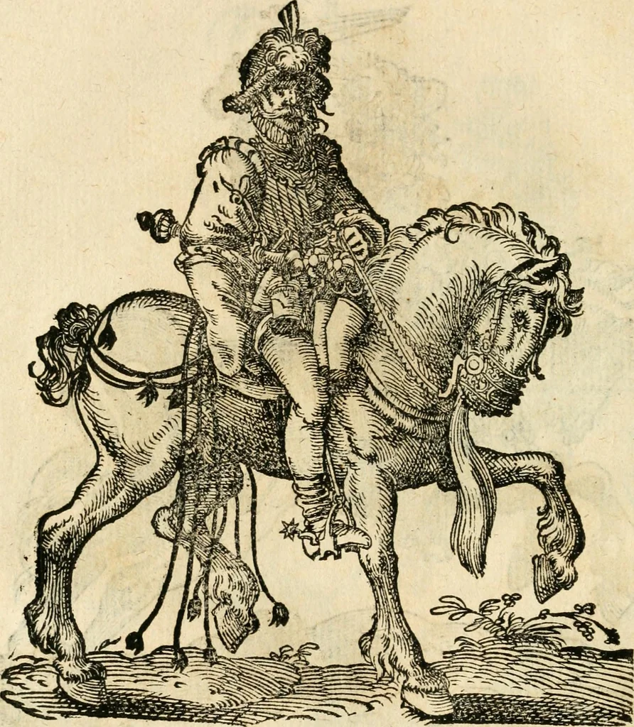 An illustration from Kunstbüchlin : Darinnen neben Fürbildung vieler, geistlicher vnnd weltlicher, hohes vnd niderstands Personen, so dann auch der Türkischen Käyser derselben obersten allerhandt kunstreiche Stück vnnd Figuren : auch die sieben Planeten, zehen alter Rittmeister vnnd Befelchshaber, Reutern vnd Contrafactur der Pferde, allerlen Thurnier, Fechten vnd dann erliche Helm vnd Helmdecken begriffen : Alles auff das zierlicht vnd künstlichst gerissen, 1599, leaf 155