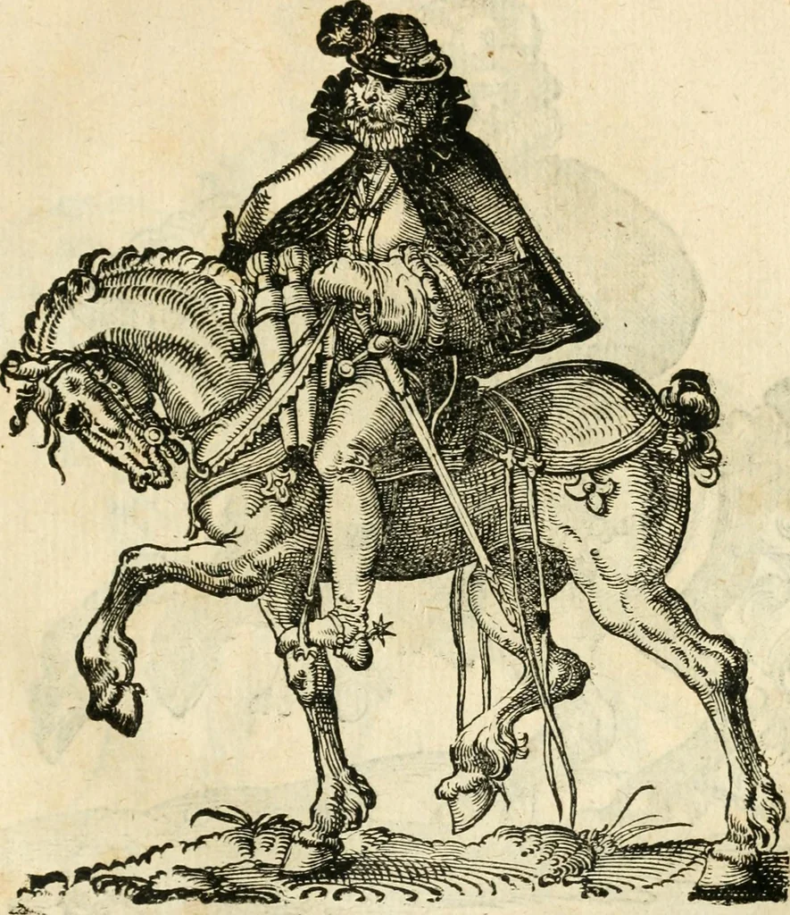 An illustration from Kunstbüchlin : Darinnen neben Fürbildung vieler, geistlicher vnnd weltlicher, hohes vnd niderstands Personen, so dann auch der Türkischen Käyser derselben obersten allerhandt kunstreiche Stück vnnd Figuren : auch die sieben Planeten, zehen alter Rittmeister vnnd Befelchshaber, Reutern vnd Contrafactur der Pferde, allerlen Thurnier, Fechten vnd dann erliche Helm vnd Helmdecken begriffen : Alles auff das zierlicht vnd künstlichst gerissen, 1599, leaf 156