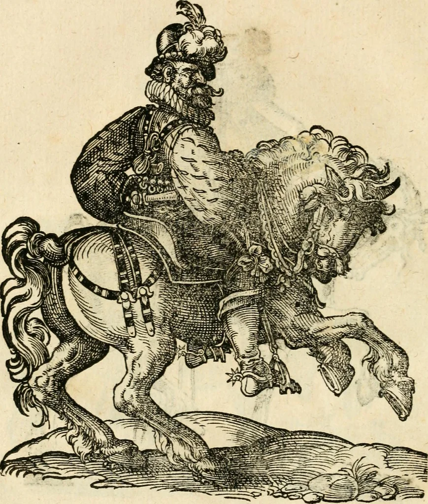An illustration from Kunstbüchlin : Darinnen neben Fürbildung vieler, geistlicher vnnd weltlicher, hohes vnd niderstands Personen, so dann auch der Türkischen Käyser derselben obersten allerhandt kunstreiche Stück vnnd Figuren : auch die sieben Planeten, zehen alter Rittmeister vnnd Befelchshaber, Reutern vnd Contrafactur der Pferde, allerlen Thurnier, Fechten vnd dann erliche Helm vnd Helmdecken begriffen : Alles auff das zierlicht vnd künstlichst gerissen, 1599, leaf 157