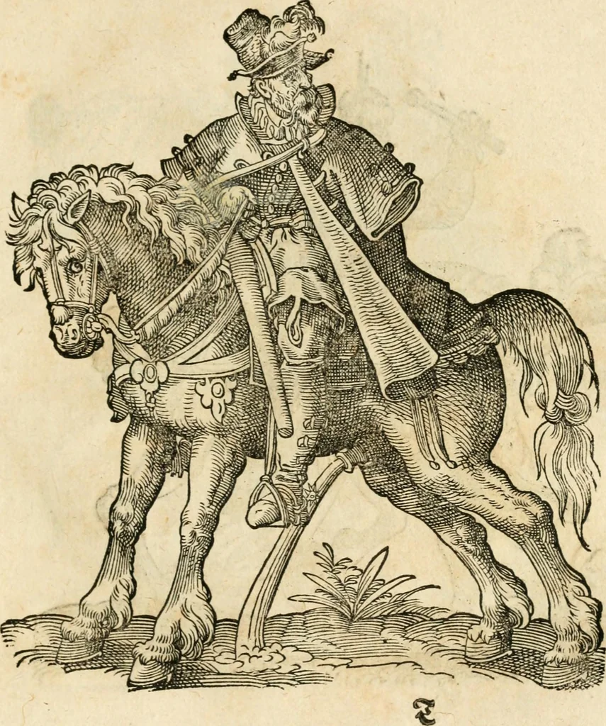 An illustration from Kunstbüchlin : Darinnen neben Fürbildung vieler, geistlicher vnnd weltlicher, hohes vnd niderstands Personen, so dann auch der Türkischen Käyser derselben obersten allerhandt kunstreiche Stück vnnd Figuren : auch die sieben Planeten, zehen alter Rittmeister vnnd Befelchshaber, Reutern vnd Contrafactur der Pferde, allerlen Thurnier, Fechten vnd dann erliche Helm vnd Helmdecken begriffen : Alles auff das zierlicht vnd künstlichst gerissen, 1599, leaf 158