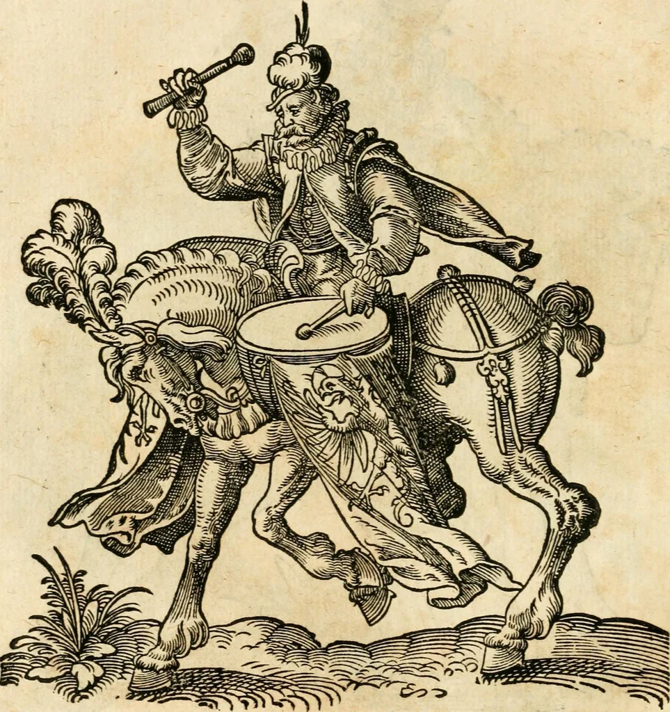 An illustration from Kunstbüchlin : Darinnen neben Fürbildung vieler, geistlicher vnnd weltlicher, hohes vnd niderstands Personen, so dann auch der Türkischen Käyser derselben obersten allerhandt kunstreiche Stück vnnd Figuren : auch die sieben Planeten, zehen alter Rittmeister vnnd Befelchshaber, Reutern vnd Contrafactur der Pferde, allerlen Thurnier, Fechten vnd dann erliche Helm vnd Helmdecken begriffen : Alles auff das zierlicht vnd künstlichst gerissen, 1599, leaf 159