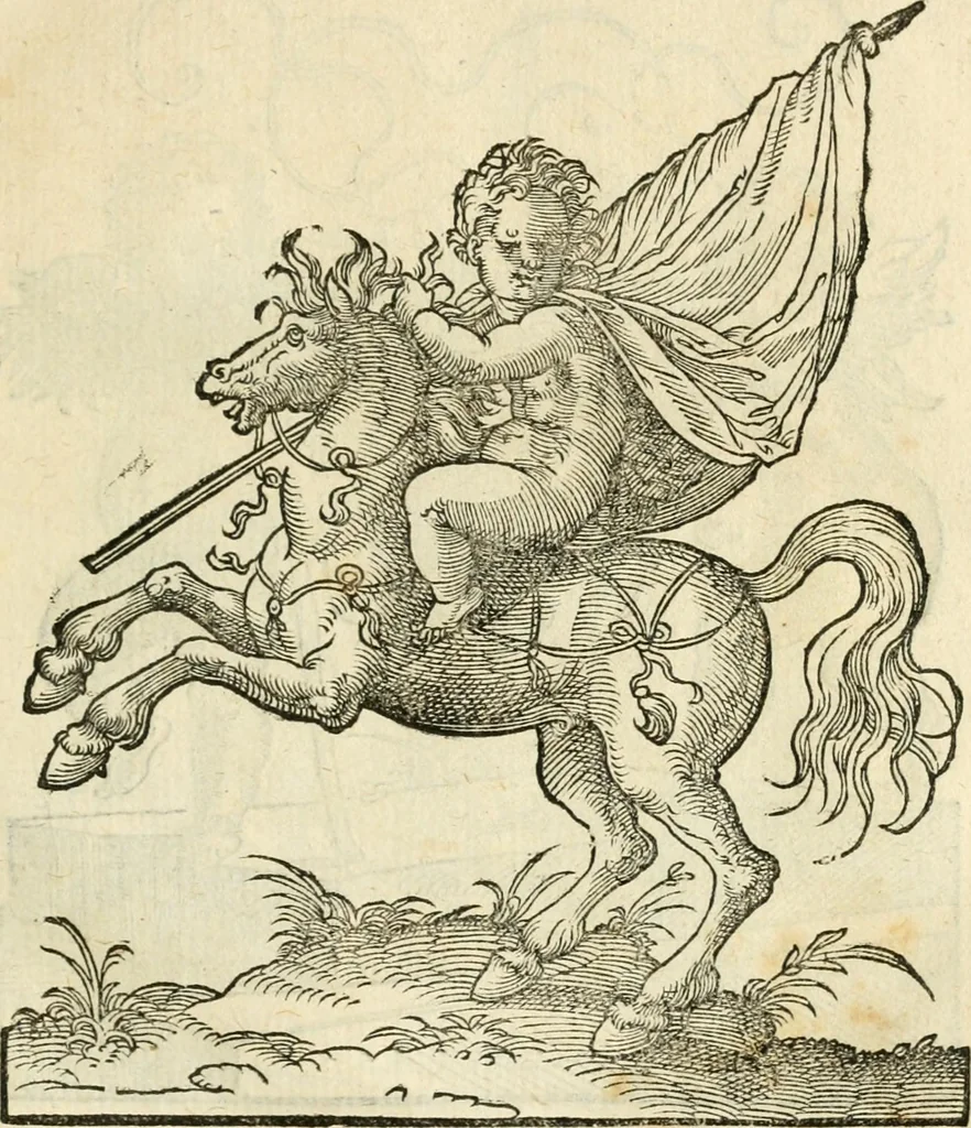 An illustration from Kunstbüchlin : Darinnen neben Fürbildung vieler, geistlicher vnnd weltlicher, hohes vnd niderstands Personen, so dann auch der Türkischen Käyser derselben obersten allerhandt kunstreiche Stück vnnd Figuren : auch die sieben Planeten, zehen alter Rittmeister vnnd Befelchshaber, Reutern vnd Contrafactur der Pferde, allerlen Thurnier, Fechten vnd dann erliche Helm vnd Helmdecken begriffen : Alles auff das zierlicht vnd künstlichst gerissen, 1599, leaf 16