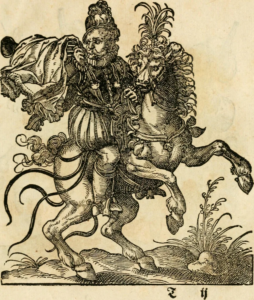 An illustration from Kunstbüchlin : Darinnen neben Fürbildung vieler, geistlicher vnnd weltlicher, hohes vnd niderstands Personen, so dann auch der Türkischen Käyser derselben obersten allerhandt kunstreiche Stück vnnd Figuren : auch die sieben Planeten, zehen alter Rittmeister vnnd Befelchshaber, Reutern vnd Contrafactur der Pferde, allerlen Thurnier, Fechten vnd dann erliche Helm vnd Helmdecken begriffen : Alles auff das zierlicht vnd künstlichst gerissen, 1599, leaf 160