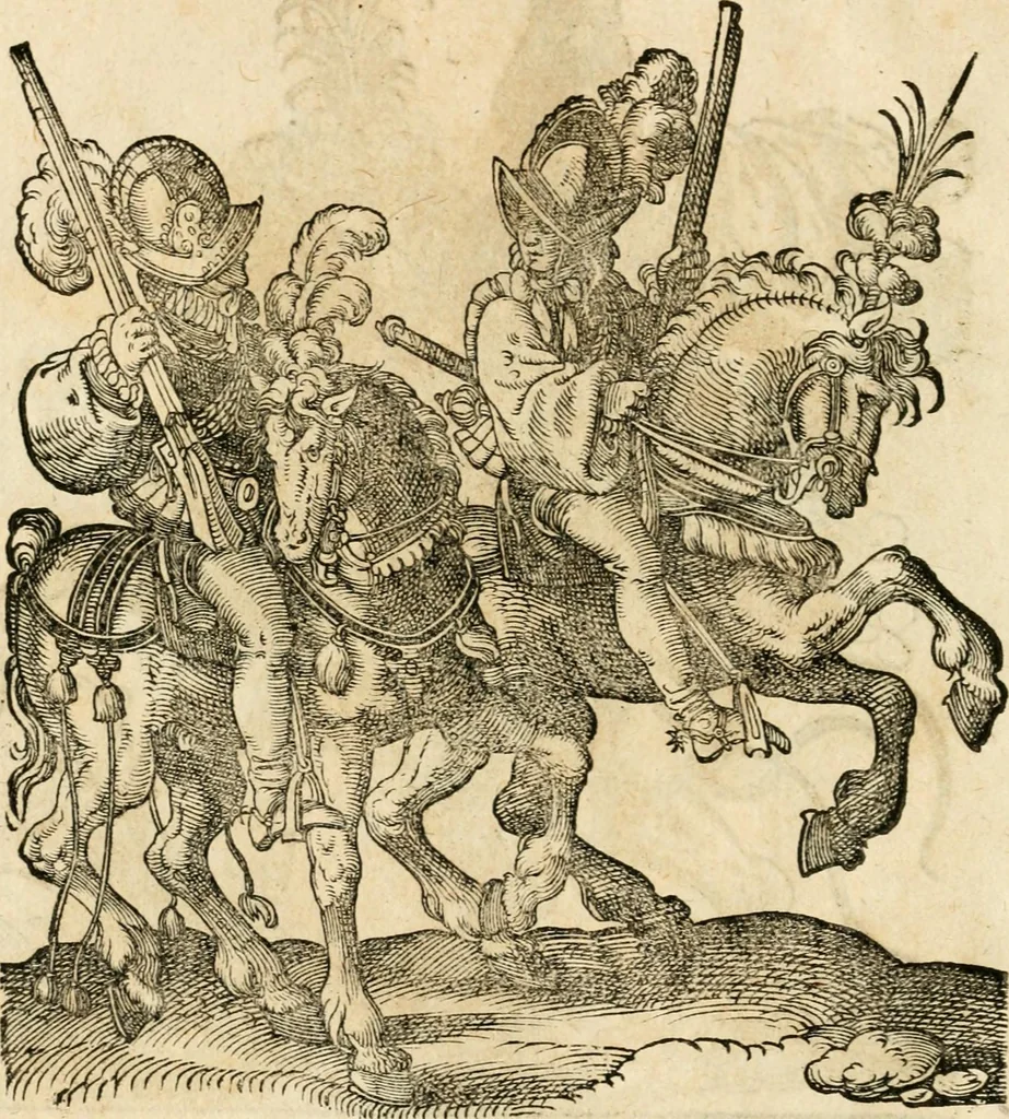 An illustration from Kunstbüchlin : Darinnen neben Fürbildung vieler, geistlicher vnnd weltlicher, hohes vnd niderstands Personen, so dann auch der Türkischen Käyser derselben obersten allerhandt kunstreiche Stück vnnd Figuren : auch die sieben Planeten, zehen alter Rittmeister vnnd Befelchshaber, Reutern vnd Contrafactur der Pferde, allerlen Thurnier, Fechten vnd dann erliche Helm vnd Helmdecken begriffen : Alles auff das zierlicht vnd künstlichst gerissen, 1599, leaf 161
