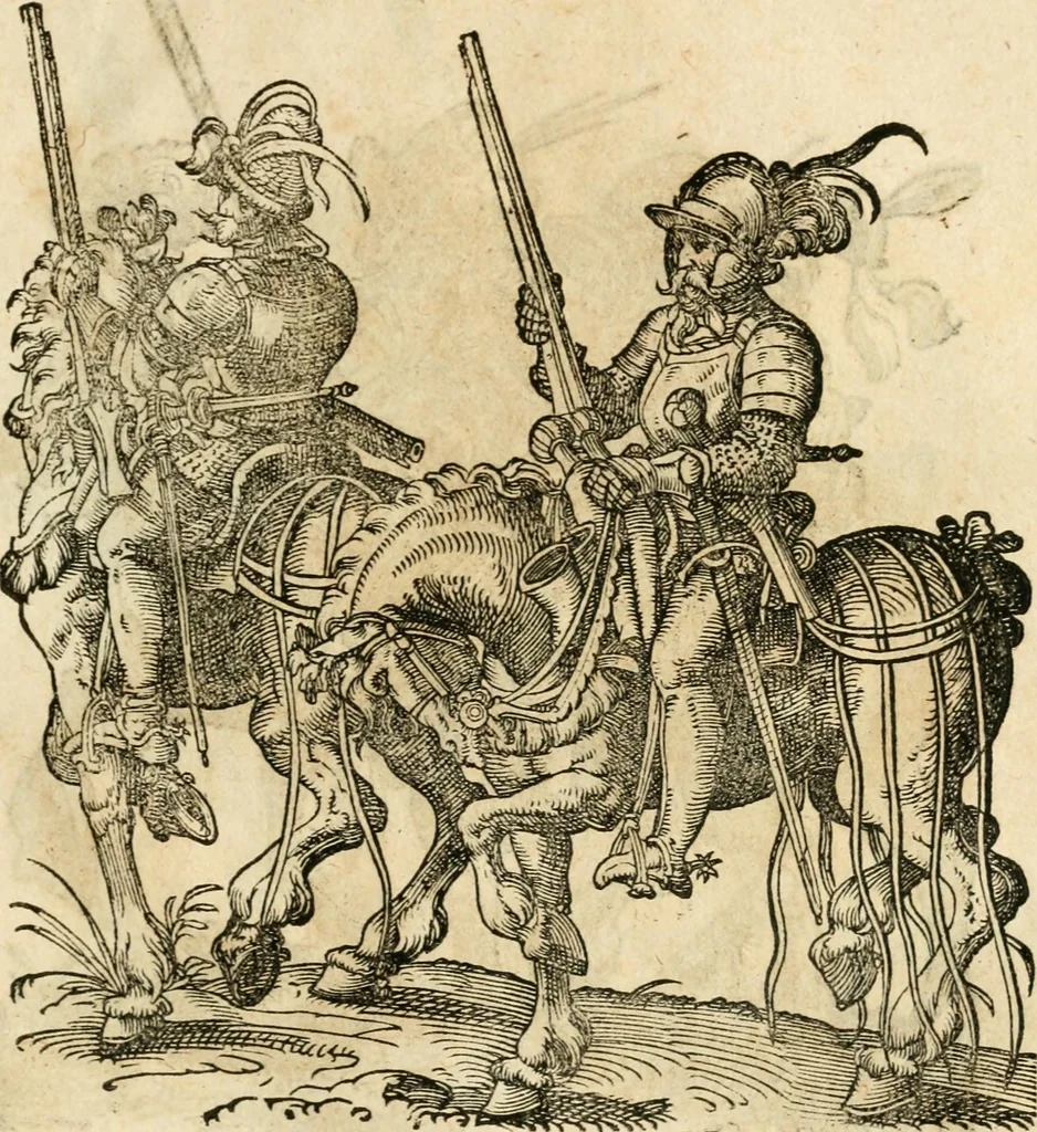 An illustration from Kunstbüchlin : Darinnen neben Fürbildung vieler, geistlicher vnnd weltlicher, hohes vnd niderstands Personen, so dann auch der Türkischen Käyser derselben obersten allerhandt kunstreiche Stück vnnd Figuren : auch die sieben Planeten, zehen alter Rittmeister vnnd Befelchshaber, Reutern vnd Contrafactur der Pferde, allerlen Thurnier, Fechten vnd dann erliche Helm vnd Helmdecken begriffen : Alles auff das zierlicht vnd künstlichst gerissen, 1599, leaf 162