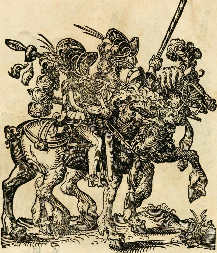 An illustration from Kunstbüchlin : Darinnen neben Fürbildung vieler, geistlicher vnnd weltlicher, hohes vnd niderstands Personen, so dann auch der Türkischen Käyser derselben obersten allerhandt kunstreiche Stück vnnd Figuren : auch die sieben Planeten, zehen alter Rittmeister vnnd Befelchshaber, Reutern vnd Contrafactur der Pferde, allerlen Thurnier, Fechten vnd dann erliche Helm vnd Helmdecken begriffen : Alles auff das zierlicht vnd künstlichst gerissen, 1599, leaf 163