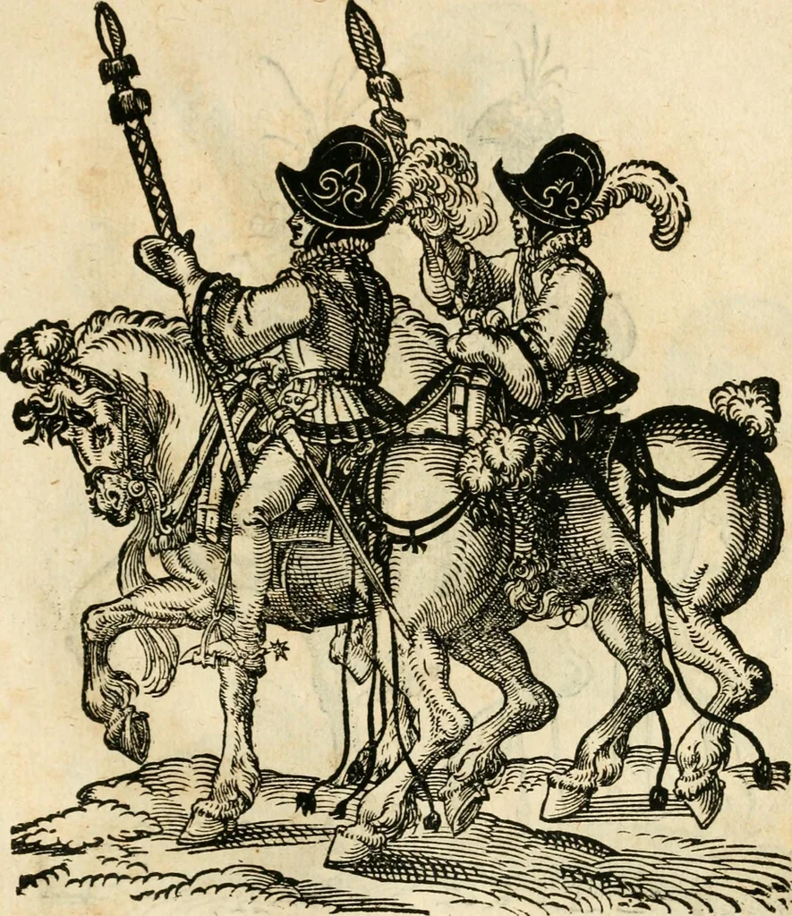 An illustration from Kunstbüchlin : Darinnen neben Fürbildung vieler, geistlicher vnnd weltlicher, hohes vnd niderstands Personen, so dann auch der Türkischen Käyser derselben obersten allerhandt kunstreiche Stück vnnd Figuren : auch die sieben Planeten, zehen alter Rittmeister vnnd Befelchshaber, Reutern vnd Contrafactur der Pferde, allerlen Thurnier, Fechten vnd dann erliche Helm vnd Helmdecken begriffen : Alles auff das zierlicht vnd künstlichst gerissen, 1599, leaf 164
