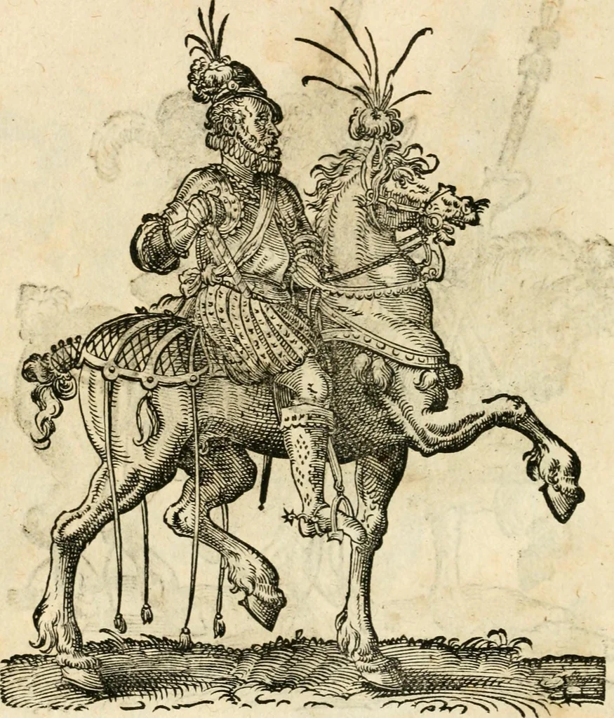 An illustration from Kunstbüchlin : Darinnen neben Fürbildung vieler, geistlicher vnnd weltlicher, hohes vnd niderstands Personen, so dann auch der Türkischen Käyser derselben obersten allerhandt kunstreiche Stück vnnd Figuren : auch die sieben Planeten, zehen alter Rittmeister vnnd Befelchshaber, Reutern vnd Contrafactur der Pferde, allerlen Thurnier, Fechten vnd dann erliche Helm vnd Helmdecken begriffen : Alles auff das zierlicht vnd künstlichst gerissen, 1599, leaf 165