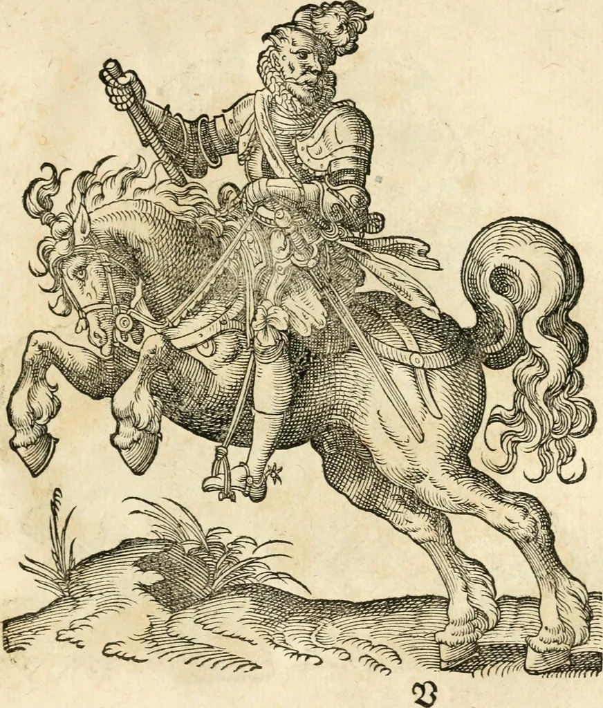 An illustration from Kunstbüchlin : Darinnen neben Fürbildung vieler, geistlicher vnnd weltlicher, hohes vnd niderstands Personen, so dann auch der Türkischen Käyser derselben obersten allerhandt kunstreiche Stück vnnd Figuren : auch die sieben Planeten, zehen alter Rittmeister vnnd Befelchshaber, Reutern vnd Contrafactur der Pferde, allerlen Thurnier, Fechten vnd dann erliche Helm vnd Helmdecken begriffen : Alles auff das zierlicht vnd künstlichst gerissen, 1599, leaf 166