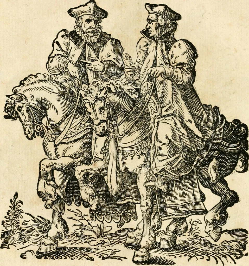 An illustration from Kunstbüchlin : Darinnen neben Fürbildung vieler, geistlicher vnnd weltlicher, hohes vnd niderstands Personen, so dann auch der Türkischen Käyser derselben obersten allerhandt kunstreiche Stück vnnd Figuren : auch die sieben Planeten, zehen alter Rittmeister vnnd Befelchshaber, Reutern vnd Contrafactur der Pferde, allerlen Thurnier, Fechten vnd dann erliche Helm vnd Helmdecken begriffen : Alles auff das zierlicht vnd künstlichst gerissen, 1599, leaf 167