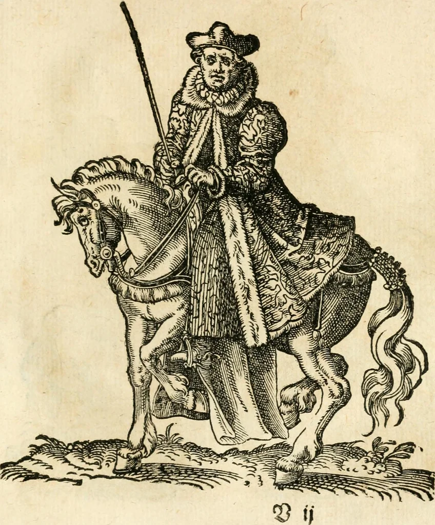 An illustration from Kunstbüchlin : Darinnen neben Fürbildung vieler, geistlicher vnnd weltlicher, hohes vnd niderstands Personen, so dann auch der Türkischen Käyser derselben obersten allerhandt kunstreiche Stück vnnd Figuren : auch die sieben Planeten, zehen alter Rittmeister vnnd Befelchshaber, Reutern vnd Contrafactur der Pferde, allerlen Thurnier, Fechten vnd dann erliche Helm vnd Helmdecken begriffen : Alles auff das zierlicht vnd künstlichst gerissen, 1599, leaf 168