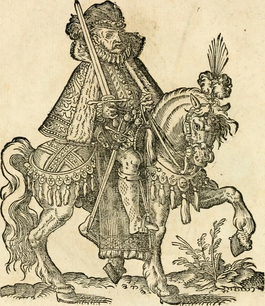 An illustration from Kunstbüchlin : Darinnen neben Fürbildung vieler, geistlicher vnnd weltlicher, hohes vnd niderstands Personen, so dann auch der Türkischen Käyser derselben obersten allerhandt kunstreiche Stück vnnd Figuren : auch die sieben Planeten, zehen alter Rittmeister vnnd Befelchshaber, Reutern vnd Contrafactur der Pferde, allerlen Thurnier, Fechten vnd dann erliche Helm vnd Helmdecken begriffen : Alles auff das zierlicht vnd künstlichst gerissen, 1599, leaf 169