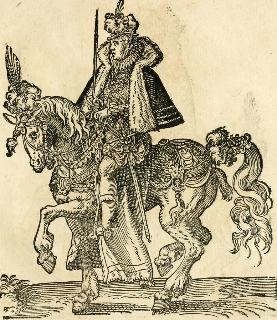 An illustration from Kunstbüchlin : Darinnen neben Fürbildung vieler, geistlicher vnnd weltlicher, hohes vnd niderstands Personen, so dann auch der Türkischen Käyser derselben obersten allerhandt kunstreiche Stück vnnd Figuren : auch die sieben Planeten, zehen alter Rittmeister vnnd Befelchshaber, Reutern vnd Contrafactur der Pferde, allerlen Thurnier, Fechten vnd dann erliche Helm vnd Helmdecken begriffen : Alles auff das zierlicht vnd künstlichst gerissen, 1599, leaf 170