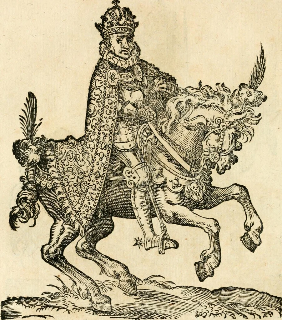 An illustration from Kunstbüchlin : Darinnen neben Fürbildung vieler, geistlicher vnnd weltlicher, hohes vnd niderstands Personen, so dann auch der Türkischen Käyser derselben obersten allerhandt kunstreiche Stück vnnd Figuren : auch die sieben Planeten, zehen alter Rittmeister vnnd Befelchshaber, Reutern vnd Contrafactur der Pferde, allerlen Thurnier, Fechten vnd dann erliche Helm vnd Helmdecken begriffen : Alles auff das zierlicht vnd künstlichst gerissen, 1599, leaf 171