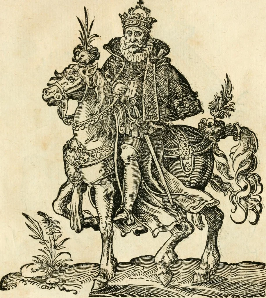 An illustration from Kunstbüchlin : Darinnen neben Fürbildung vieler, geistlicher vnnd weltlicher, hohes vnd niderstands Personen, so dann auch der Türkischen Käyser derselben obersten allerhandt kunstreiche Stück vnnd Figuren : auch die sieben Planeten, zehen alter Rittmeister vnnd Befelchshaber, Reutern vnd Contrafactur der Pferde, allerlen Thurnier, Fechten vnd dann erliche Helm vnd Helmdecken begriffen : Alles auff das zierlicht vnd künstlichst gerissen, 1599, leaf 172