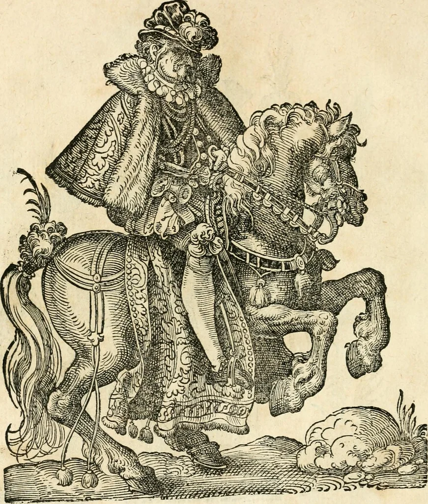 An illustration from Kunstbüchlin : Darinnen neben Fürbildung vieler, geistlicher vnnd weltlicher, hohes vnd niderstands Personen, so dann auch der Türkischen Käyser derselben obersten allerhandt kunstreiche Stück vnnd Figuren : auch die sieben Planeten, zehen alter Rittmeister vnnd Befelchshaber, Reutern vnd Contrafactur der Pferde, allerlen Thurnier, Fechten vnd dann erliche Helm vnd Helmdecken begriffen : Alles auff das zierlicht vnd künstlichst gerissen, 1599, leaf 173