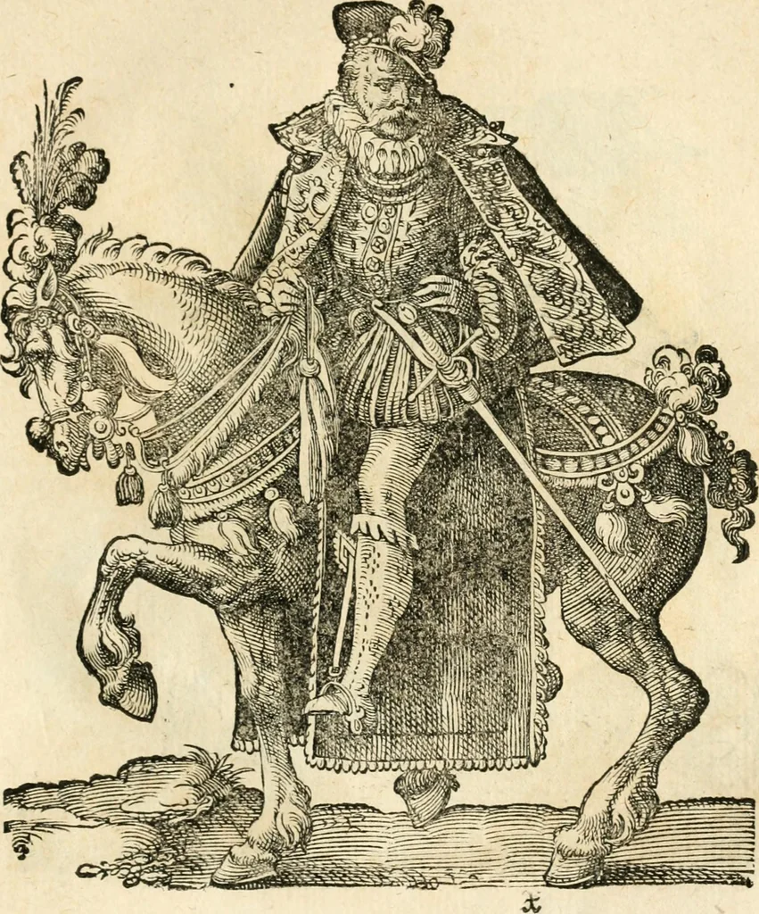 An illustration from Kunstbüchlin : Darinnen neben Fürbildung vieler, geistlicher vnnd weltlicher, hohes vnd niderstands Personen, so dann auch der Türkischen Käyser derselben obersten allerhandt kunstreiche Stück vnnd Figuren : auch die sieben Planeten, zehen alter Rittmeister vnnd Befelchshaber, Reutern vnd Contrafactur der Pferde, allerlen Thurnier, Fechten vnd dann erliche Helm vnd Helmdecken begriffen : Alles auff das zierlicht vnd künstlichst gerissen, 1599, leaf 174