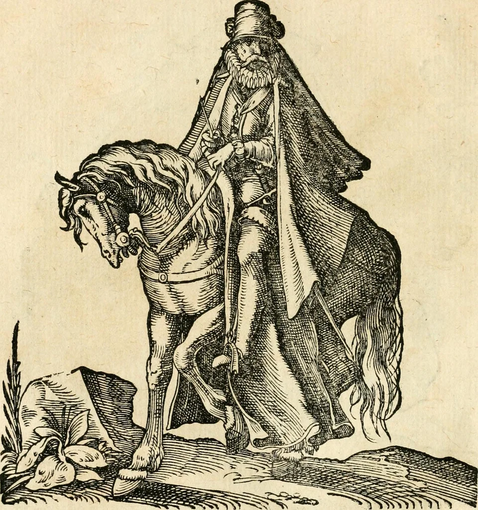 An illustration from Kunstbüchlin : Darinnen neben Fürbildung vieler, geistlicher vnnd weltlicher, hohes vnd niderstands Personen, so dann auch der Türkischen Käyser derselben obersten allerhandt kunstreiche Stück vnnd Figuren : auch die sieben Planeten, zehen alter Rittmeister vnnd Befelchshaber, Reutern vnd Contrafactur der Pferde, allerlen Thurnier, Fechten vnd dann erliche Helm vnd Helmdecken begriffen : Alles auff das zierlicht vnd künstlichst gerissen, 1599, leaf 175
