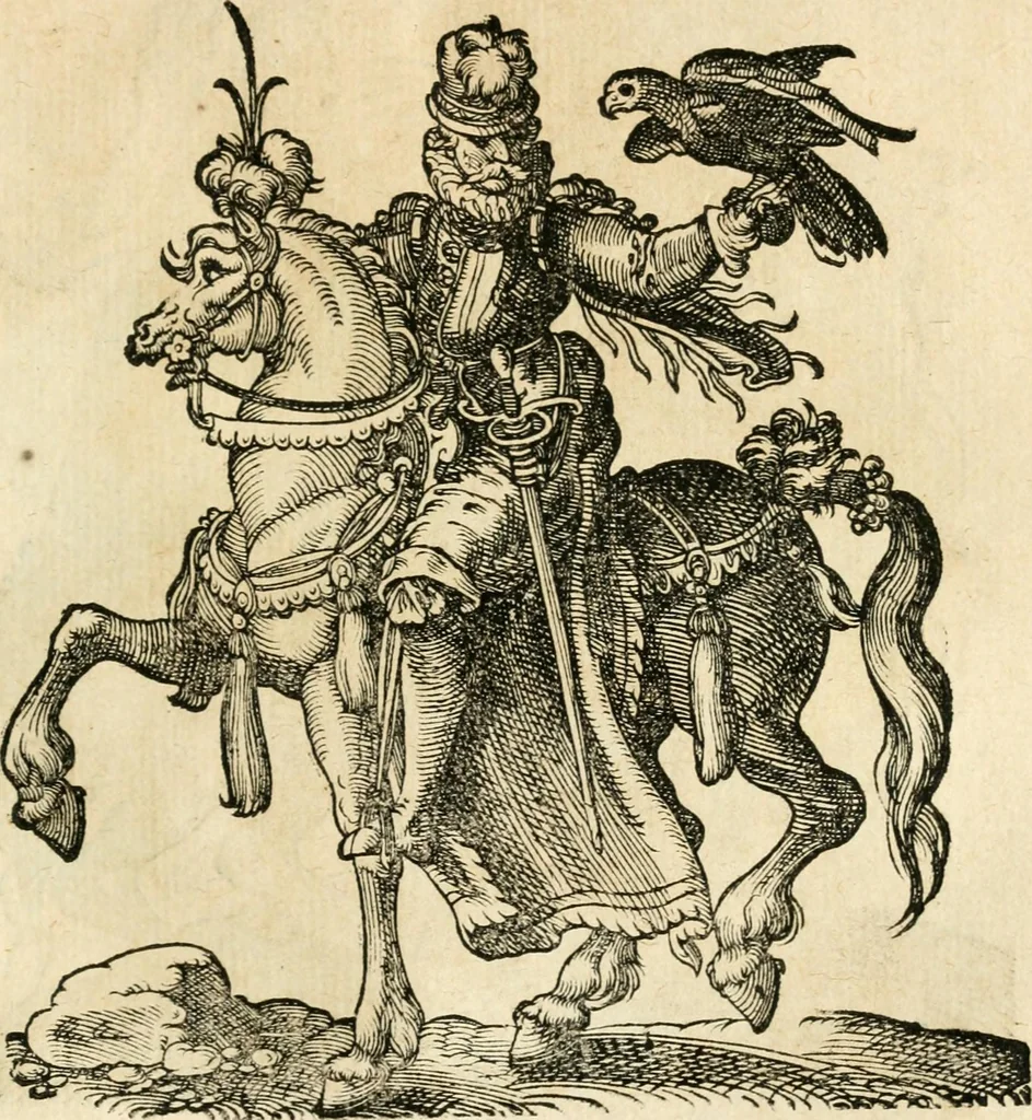 An illustration from Kunstbüchlin : Darinnen neben Fürbildung vieler, geistlicher vnnd weltlicher, hohes vnd niderstands Personen, so dann auch der Türkischen Käyser derselben obersten allerhandt kunstreiche Stück vnnd Figuren : auch die sieben Planeten, zehen alter Rittmeister vnnd Befelchshaber, Reutern vnd Contrafactur der Pferde, allerlen Thurnier, Fechten vnd dann erliche Helm vnd Helmdecken begriffen : Alles auff das zierlicht vnd künstlichst gerissen, 1599, leaf 176