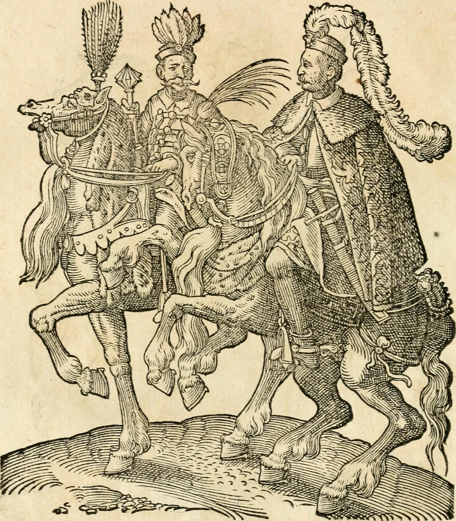 An illustration from Kunstbüchlin : Darinnen neben Fürbildung vieler, geistlicher vnnd weltlicher, hohes vnd niderstands Personen, so dann auch der Türkischen Käyser derselben obersten allerhandt kunstreiche Stück vnnd Figuren : auch die sieben Planeten, zehen alter Rittmeister vnnd Befelchshaber, Reutern vnd Contrafactur der Pferde, allerlen Thurnier, Fechten vnd dann erliche Helm vnd Helmdecken begriffen : Alles auff das zierlicht vnd künstlichst gerissen, 1599, leaf 177