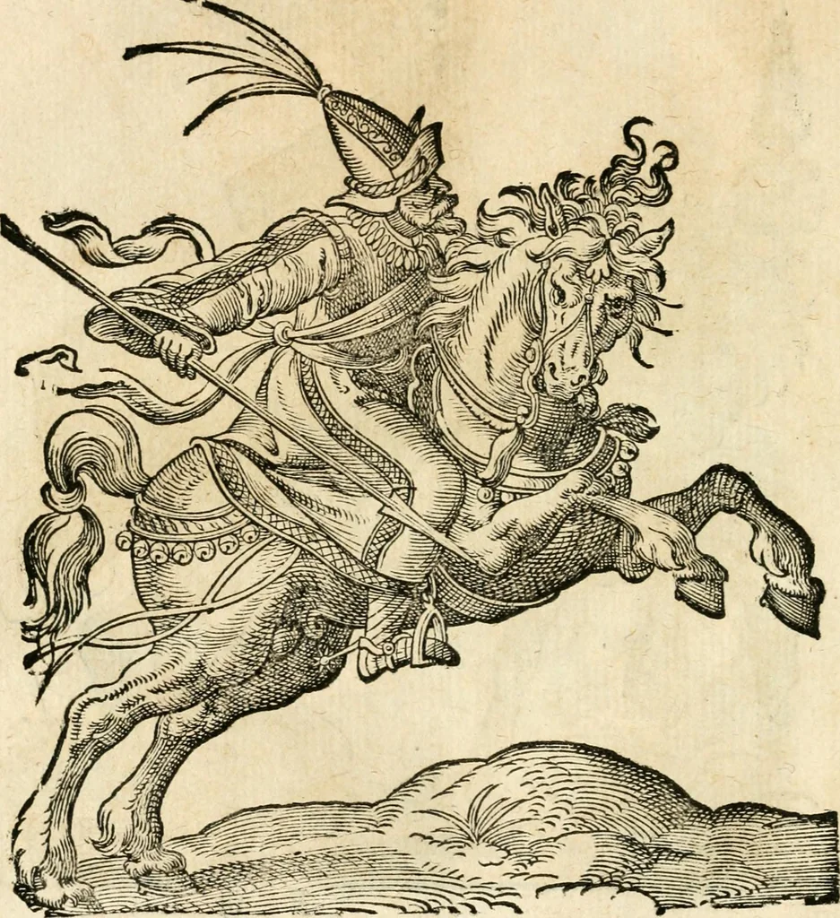 An illustration from Kunstbüchlin : Darinnen neben Fürbildung vieler, geistlicher vnnd weltlicher, hohes vnd niderstands Personen, so dann auch der Türkischen Käyser derselben obersten allerhandt kunstreiche Stück vnnd Figuren : auch die sieben Planeten, zehen alter Rittmeister vnnd Befelchshaber, Reutern vnd Contrafactur der Pferde, allerlen Thurnier, Fechten vnd dann erliche Helm vnd Helmdecken begriffen : Alles auff das zierlicht vnd künstlichst gerissen, 1599, leaf 179