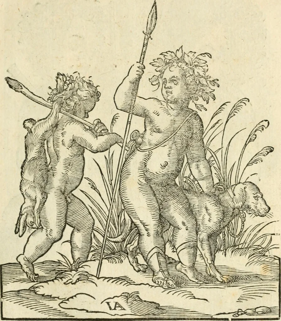 An illustration from Kunstbüchlin : Darinnen neben Fürbildung vieler, geistlicher vnnd weltlicher, hohes vnd niderstands Personen, so dann auch der Türkischen Käyser derselben obersten allerhandt kunstreiche Stück vnnd Figuren : auch die sieben Planeten, zehen alter Rittmeister vnnd Befelchshaber, Reutern vnd Contrafactur der Pferde, allerlen Thurnier, Fechten vnd dann erliche Helm vnd Helmdecken begriffen : Alles auff das zierlicht vnd künstlichst gerissen, 1599, leaf 18