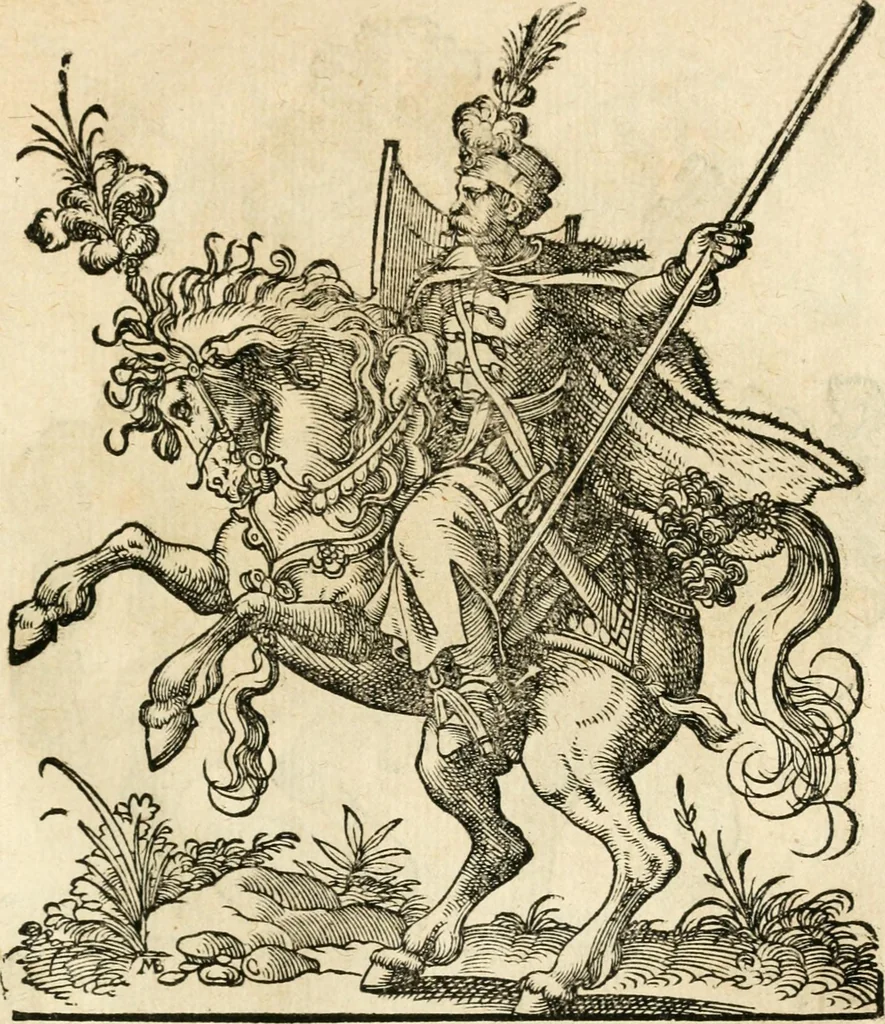 An illustration from Kunstbüchlin : Darinnen neben Fürbildung vieler, geistlicher vnnd weltlicher, hohes vnd niderstands Personen, so dann auch der Türkischen Käyser derselben obersten allerhandt kunstreiche Stück vnnd Figuren : auch die sieben Planeten, zehen alter Rittmeister vnnd Befelchshaber, Reutern vnd Contrafactur der Pferde, allerlen Thurnier, Fechten vnd dann erliche Helm vnd Helmdecken begriffen : Alles auff das zierlicht vnd künstlichst gerissen, 1599, leaf 180