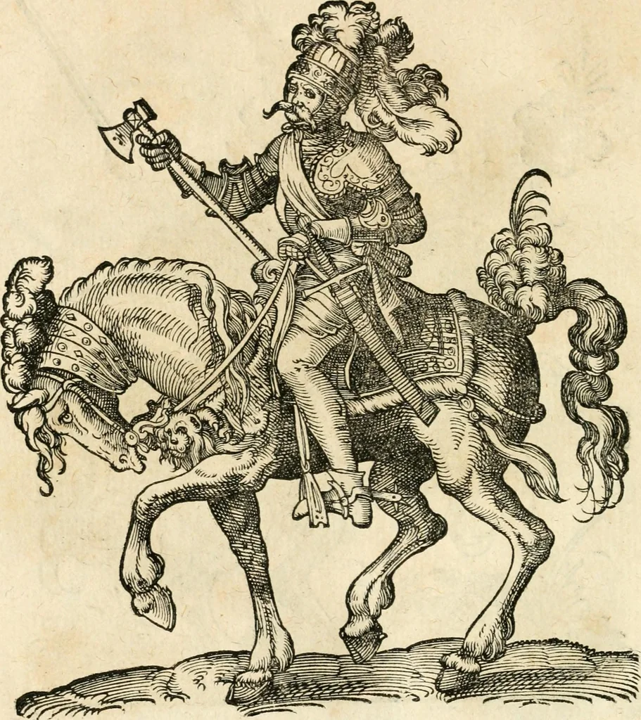 An illustration from Kunstbüchlin : Darinnen neben Fürbildung vieler, geistlicher vnnd weltlicher, hohes vnd niderstands Personen, so dann auch der Türkischen Käyser derselben obersten allerhandt kunstreiche Stück vnnd Figuren : auch die sieben Planeten, zehen alter Rittmeister vnnd Befelchshaber, Reutern vnd Contrafactur der Pferde, allerlen Thurnier, Fechten vnd dann erliche Helm vnd Helmdecken begriffen : Alles auff das zierlicht vnd künstlichst gerissen, 1599, leaf 181