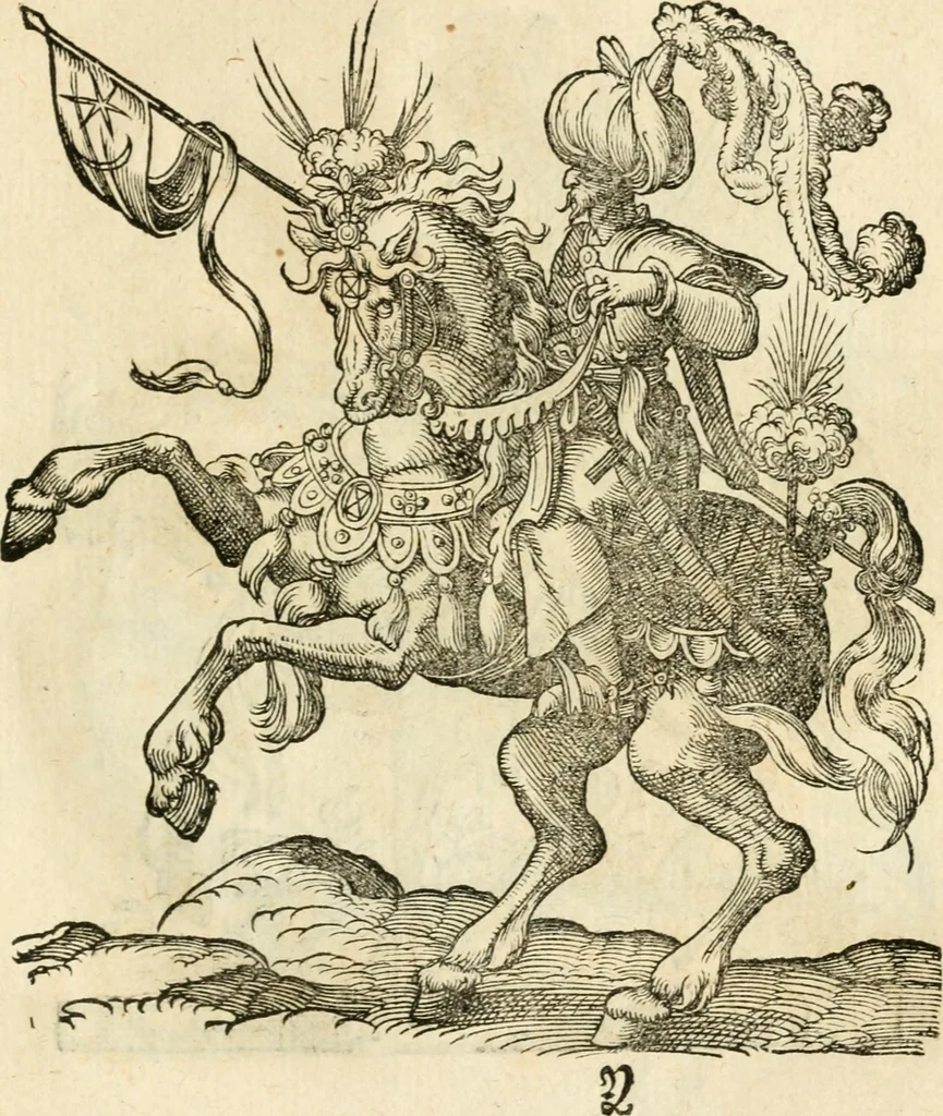 An illustration from Kunstbüchlin : Darinnen neben Fürbildung vieler, geistlicher vnnd weltlicher, hohes vnd niderstands Personen, so dann auch der Türkischen Käyser derselben obersten allerhandt kunstreiche Stück vnnd Figuren : auch die sieben Planeten, zehen alter Rittmeister vnnd Befelchshaber, Reutern vnd Contrafactur der Pferde, allerlen Thurnier, Fechten vnd dann erliche Helm vnd Helmdecken begriffen : Alles auff das zierlicht vnd künstlichst gerissen, 1599, leaf 182