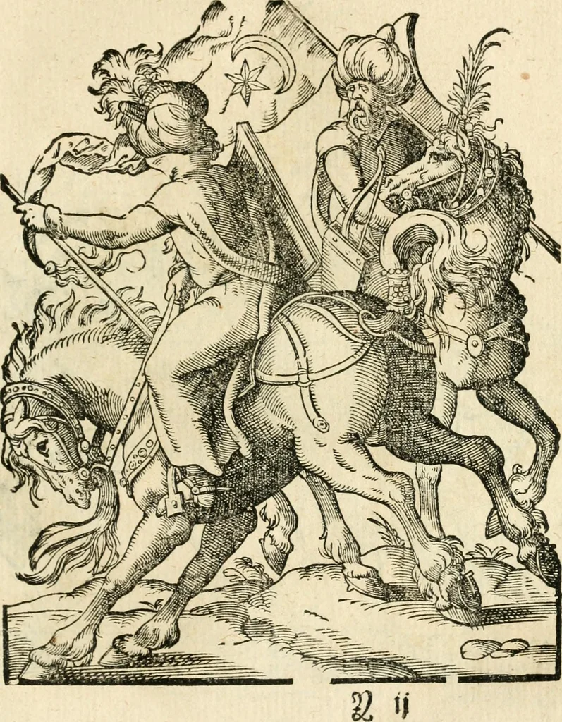 An illustration from Kunstbüchlin : Darinnen neben Fürbildung vieler, geistlicher vnnd weltlicher, hohes vnd niderstands Personen, so dann auch der Türkischen Käyser derselben obersten allerhandt kunstreiche Stück vnnd Figuren : auch die sieben Planeten, zehen alter Rittmeister vnnd Befelchshaber, Reutern vnd Contrafactur der Pferde, allerlen Thurnier, Fechten vnd dann erliche Helm vnd Helmdecken begriffen : Alles auff das zierlicht vnd künstlichst gerissen, 1599, leaf 184