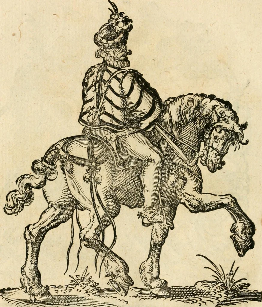 An illustration from Kunstbüchlin : Darinnen neben Fürbildung vieler, geistlicher vnnd weltlicher, hohes vnd niderstands Personen, so dann auch der Türkischen Käyser derselben obersten allerhandt kunstreiche Stück vnnd Figuren : auch die sieben Planeten, zehen alter Rittmeister vnnd Befelchshaber, Reutern vnd Contrafactur der Pferde, allerlen Thurnier, Fechten vnd dann erliche Helm vnd Helmdecken begriffen : Alles auff das zierlicht vnd künstlichst gerissen, 1599, leaf 185