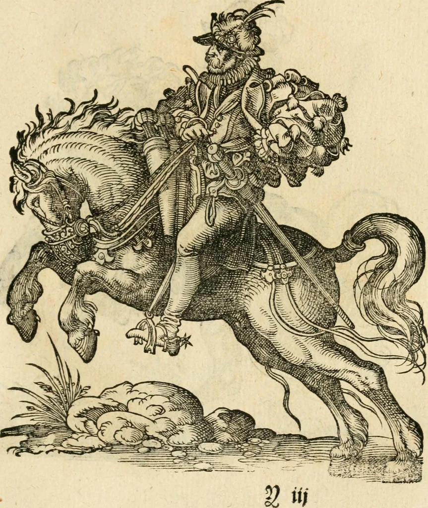 An illustration from Kunstbüchlin : Darinnen neben Fürbildung vieler, geistlicher vnnd weltlicher, hohes vnd niderstands Personen, so dann auch der Türkischen Käyser derselben obersten allerhandt kunstreiche Stück vnnd Figuren : auch die sieben Planeten, zehen alter Rittmeister vnnd Befelchshaber, Reutern vnd Contrafactur der Pferde, allerlen Thurnier, Fechten vnd dann erliche Helm vnd Helmdecken begriffen : Alles auff das zierlicht vnd künstlichst gerissen, 1599, leaf 186